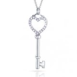 Bling Jewelry Sterling Silver Diamond CZ Open Heart Key Pendant with 18