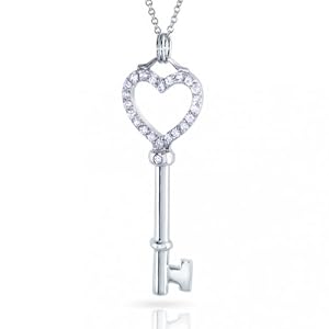 Bling Jewelry Sterling Silver Diamond CZ Open Heart Key Pendant with 18