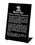 MMF Industries 283595204 USA Patriot Act Compliance Easel-Style Sign, 6W x 9H Inch, Customer Identification Requirements, White Lettering / Black Background, Plexiglas (Each)