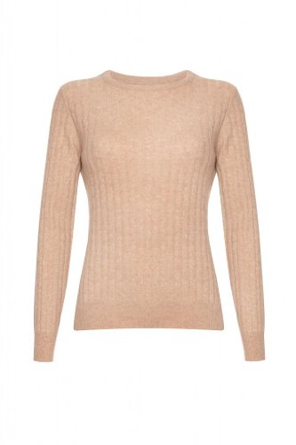 レディース　カシミアラウンドネックケーブルセーター