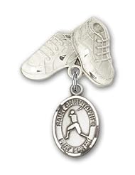 Sterling Silver Baby Badge with St. Christopher/Baseball Charm and Baby Boots Pin