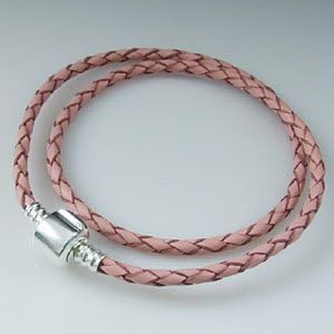 Hoobeads Jewelry Pink Leather 925 Sterling Silver Barrel Clasp Bracelet (15.7 inches)