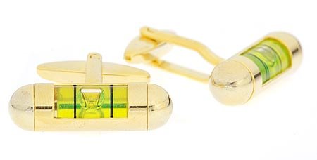 Yellow gold plated spirit level cufflinks with green liquid with presentation box