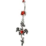 Ruby Red Gem Skull ROSE Dangle Belly Ring