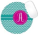 Teal and White Color Chevron Pattern with Hot Pink Circle MONOGRAM CUSTOM NAME Mouse Pad (ROUND)