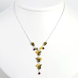 Sterling Silver Olivine&Jet Crystal/Champagne Pearl/Yellow Jade Necklace - 16 Inch