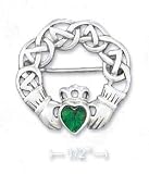 Sterling Silver Celtic Design Claddaugh Green CZ Center Pin