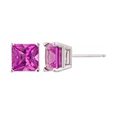 14k White Gold 6mm Princess Cut Lab-Created Pink Sapphire 4-Prong Stud Earrings
