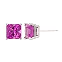 14k White Gold 6mm Princess Cut Lab Created Pink Sapphire 4-Prong Stud Earrings