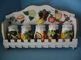 MIXED FRUIT 3-D Wood Spice Rack & 5 Jars Set NEW