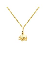 14K Yellow Gold Elephant Charm Pendant with Yellow Gold 1.2mm Singapore Chain with Spring Ring Clasp - Pendant Necklace Combination (Different Chain Lengths Available)