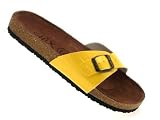WOMENS FAUX LEATHER FOOTBED LADIES SANDALS BUCKLE FLIP FLOPS GIRLS CORK YELLOW LADIES SHOES SIZE 5