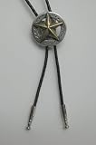 The Ranger Star Silver and Gold Braided Black Leather Bolo Tie....