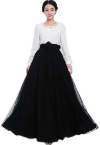 Sumous Summer Mesh High-Waisted Skirt Maxi Long Billowy Skirt (Black)