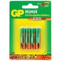 NiMH rechargeable batteries, 1.2V, 600mAh, AAA, packed4 per blister.
