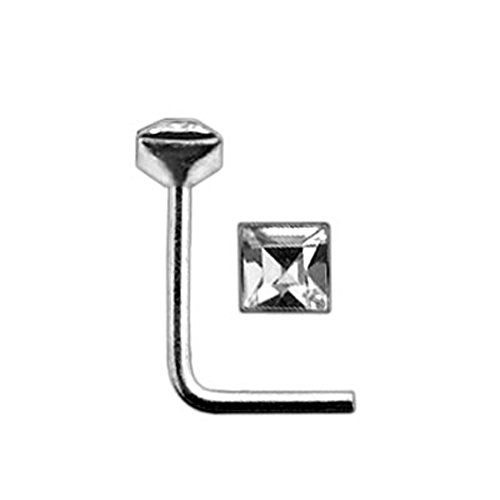 Jeweled Square 925 Sterling Silver L Shaped Nose Pin - Size 20G(0.8MM) 5mmx5mm