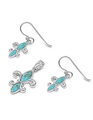 Sterling Silver Turquoise Fleur De Lis Earring & Necklace Set