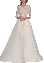 A-line Tulle Vintage Lace Bateau Neck Wedding Dress  with a Court Train 