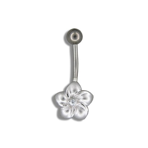 Sterling Silver Hawaiian Plumeria Flower Clear CZ Belly Ring