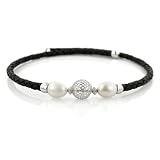 Sterling Silver Openwork Bead and Black Leatherette Freshwater Cultured Pearl Choker Necklace, 17.75