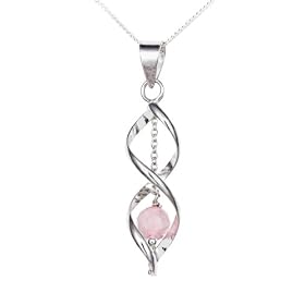 Silver Ladies' Open Twisted Drop pendant with Pink Quartz hanging stone +46cm chain