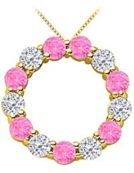 2 Carat Diamond and Pink Sapphire Circle Necklace in 14k Yellow Gold