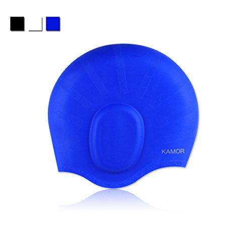 Kamor #2 Swim Cap for Medium, Long Hair - Earmuffs Silicone Swimming Cap with Ear Pockets/Pouches - Highly Elastic, Ear Protection, Non-allergenic, Fit Men / Women / Youth for Swimming, Water Aerobics