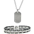 Stainless Steel Men's Dog Tag Necklace and Black Stripe Bracelet Set