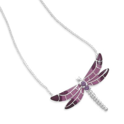18 inch Sterling Silver 1mm Box Chain Necklace, 7/8 inch Enamel Dragonfly Pendant, 2mm Purple CZs