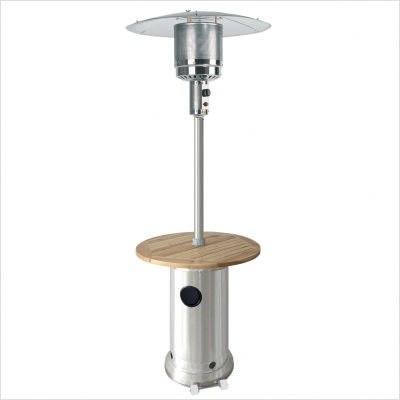 PrimeGlo Tall Stainless Steel Two-Tone Patio Heater With Wood Table