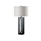 Kenroy Home Latcher 30 inch table lamp with oil rubbed bronze finish and white textured drum shade