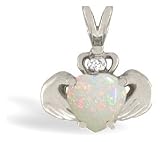 14K White Gold Genuine Heart Opal and Diamond Celtic Claddagh Pendant