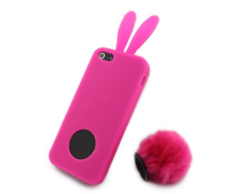 Lovely Rabbit Silicone Bunny Case For iPhone 5 with Furry Tail - Hot Pink