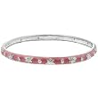 White Gold Rhodium Bonded Light Pink Enamel Floral Motif Bangle Bracelet with Bezel Set Round Cut Clear CZ in Silvertone