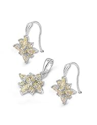 Sterling Silver Nature Flower Pendant with Earrings Jewelry Set with Yellow and Clear Cz