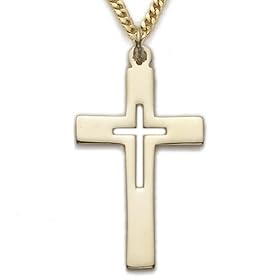 14K Gold Filled 1 1/4" Polished Cross Necklace with Pierced Inner Cross on 24" Chain