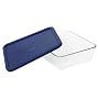 Pyrex Storage 11-Cup Rectangular Dish with Dark Blue Plastic Cover, Clear
