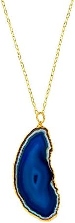 Charlene K Blue Sliced Agate Gemstone Pendant with 28" Long 14K Gold Vermeil Chain