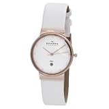 Women White Watch, Skagen Womens Rose Gold-Tone White Leather Watch