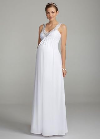 David's Bridal Wedding Dress: Long Ruched Maternity Dress With Beaded Neckline Style 262092d