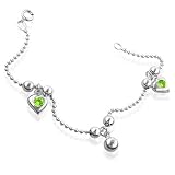 Sterling Silver Bead Chain w/ Green Heart Ball Charm Bracelet 7