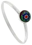 Tiny Sterling Silver 1/4 (6 mm) Round Bright Green and Violet Resin Ring with Blue Flower Design
