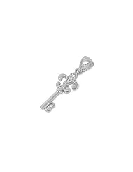 Sterling Silver Fleur De Lis Key Clear CZ Pendant Cute Charm Pure 925 New 22mm with 1.5mm Ball Bead Chain