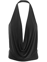 LE3NO Womens Lightweight Sexy Low Cut Halter Top with Stretch