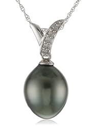 10k White Gold 9-9.5mm Tahitian Cultured Pearl and Diamond Pendant Necklace (0.03 cttw, G-H Color, I2-I3 Clarity), 17"