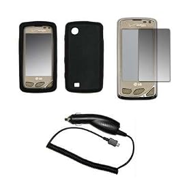 Premium Black Soft Silicone Gel Skin Cover Case + LCD Screen Protector + Rapid Car Charger for LG Chocolate Touch VX8575