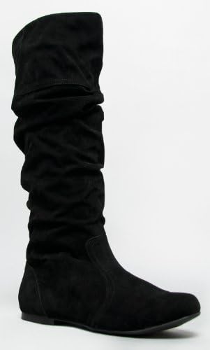 Qupid Women's Classic Slouchy Flat Boot,5 B(M) US,Black Suede PU-kaleesi