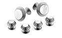 Brushed finish silver plated and mother of pearl cufflinks and shirt studs formal set with presentation box. Made in the U.S.A