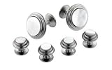 Brushed finish silver plated and mother of pearl cufflinks and shirt studs formal set with presentation box. Made in the U.S.A