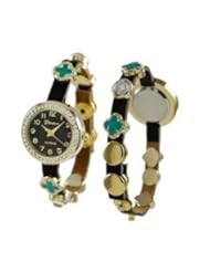 Geneva Platinum 12964812 Womens Czech Rhinestone/Clover Studded Faux Leather Snap Watch-BLACK/TURQUOISE